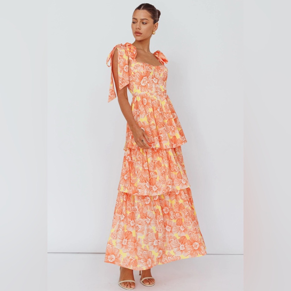 Selfie Leslie Arlowe Tied Shoulder Tiered Midi Dress Floral Orange